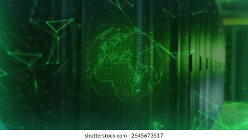 Holographic digital globe glowing in data center corridor, with server racks and network nodes. Cybersecurity, connection, innovation, technology, digital, futuristic, data