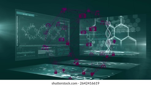 Holographic display projecting 3D DNA, molecule diagrams in lab, with magenta nodes, security icons. Futuristic, innovation, visualization, science, technology, digital, analytical - Powered by Shutterstock - Get 15% off with code: PIKWIZARD15