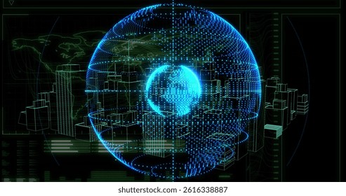 Holographic Earth globe is glowing in dark flat HUD, highlighting data panels, buildings for tech. Futuristic, digital, interface, hologram, data visualization, technology, cyber