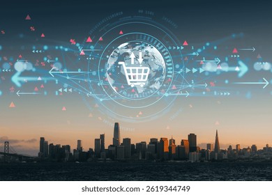 Holographic ecommerce icon and data overlay above city buildings at sunset, light tech design on urban background, concept of digital commerce