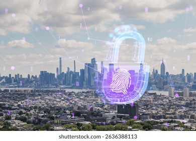 Holographic fingerprint and padlock over New York Cityscape. Photographic style with futuristic hologram and urban background. Cybersecurity and technology concept. Double exposure