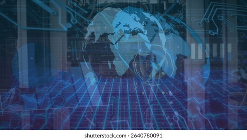 Holographic globe displaying circuit traces, wireframe grid in data center, with bar chart overlays. Technology, cybersecurity, innovation, digital, data analytics, futuristic, connectivity