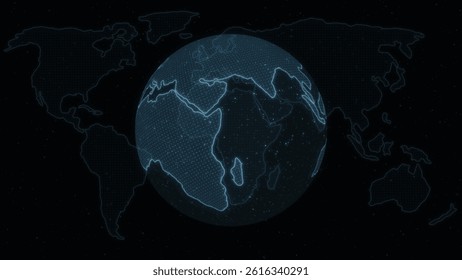 Holographic globe is glowing with dotted grid overlay in futuristic 3D render technology interface. Futuristic, digital, technology, global, data visualization, interface, cyber