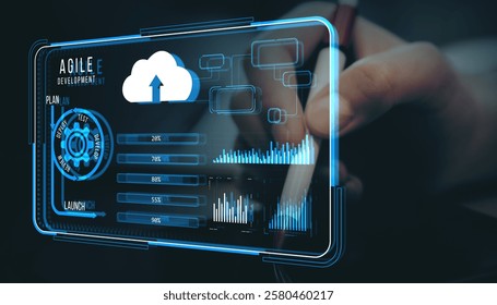 Holographic interface displaying agile development cycle, cloud upload, and data charts on a dark background. Concept of technology integration