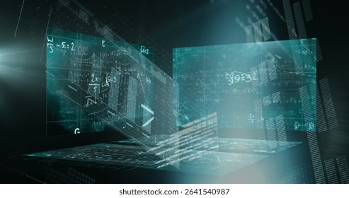 Holographic interface displaying floating screens in virtual data space, with equations and code. Virtual reality, data visualization, immersive, cyber, digital environment, innovation, abstract - Powered by Shutterstock - Get 15% off with code: PIKWIZARD15