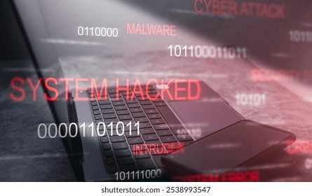 Holographic interface warning of a system hacked. Alert after cyber attack on laptop. Internet virus. Cybercrime concept. Hackers stealing information. - Powered by Shutterstock