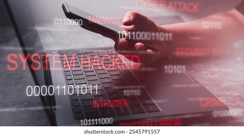 Holographic interface warning of a system hacked. Alert after cyber attack on laptop. Internet virus. Cybercrime concept. Hackers stealing information. - Powered by Shutterstock