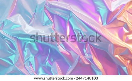 Holographic iridescent surface wrinkled foil. Abstract iridescent holographic cloth background. 3d rendering. Unicorn wallpaper. Fairy tale backdrop. y2k. 2000 style pattern