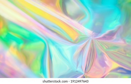 Holographic iridescent surface wrinkled vaporwave wavy abstract  blurred background. Texture with multiple colors of webpunk in 80's style. Retro creative concept. 