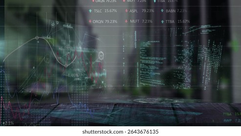 Holographic line charts floating over wooden tabletop in dim office, with numeric tickers and code. Futuristic, technology, analytics, digital, interface, corporate, innovation