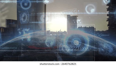 Holographic overlay floating over city skyline at sunrise, with radar displays and globe projection. Futuristic, technology, urban, innovation, digital, abstract, data