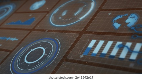 Holographic panel displaying data in control room with circular gauges and globe icon, particles. Technology, analytics, visualization, digital, innovation, futurism, dashboard