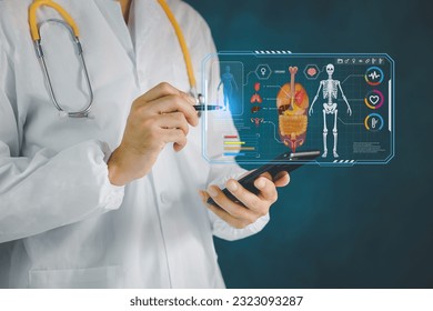 A holographic projection of a scan of human internal organs inside the body of a man in a suit. The concept of modern medicine, digital x-ray, new technologies, human anatomy
 - Shutterstock ID 2323093287
