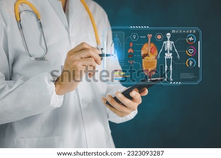 A holographic projection of a scan of human internal organs inside the body of a man in a suit. The concept of modern medicine, digital x-ray, new technologies, human anatomy
