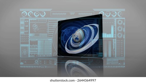 Holographic tablet presenting 3D Earth and orbital rings in high-tech dashboard, with UI panels. Futuristic, digital, immersive, cyber, analytical, innovation, interface
