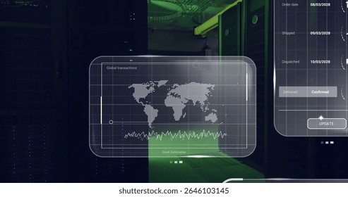 Holographic UI glowing in server room, with transactions map, line graph and order tracking panel. Futuristic, technology, data, digital, cybersecurity, innovation, analytics - Powered by Shutterstock - Get 15% off with code: PIKWIZARD15