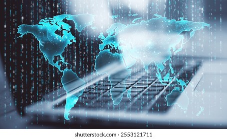 Holographic world map over a laptop keyboard with binary code overlay, on a blurred desk background, symbolizing global digital technology - Powered by Shutterstock