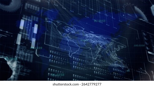 Holographic world map overlay hovering on grid in control room with streaming numeric data readouts. Technology, visualization, futuristic, analytics, digital, data, interface