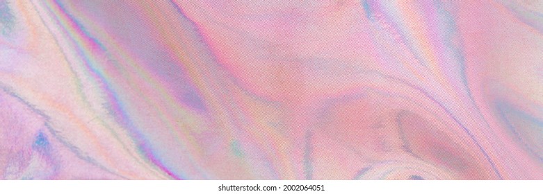 Holography Real Cloth Texture In Blue Pink Colors. Banner. Holographic Neon Color Wrinkled Pearlescent Foil. Holographic Iridescent Rainbow Fabric Abstract Background.