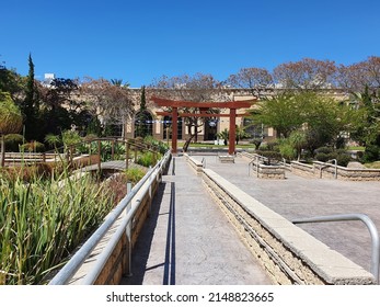 Holon, Israel - April 21, 2022: View Of Japanese Style Torii Wooden Gate, Small Bridge And Garden, Part Of A Japanese Garden Buildings Project By Sedab Construction Company. 12 Golda Meir Street.