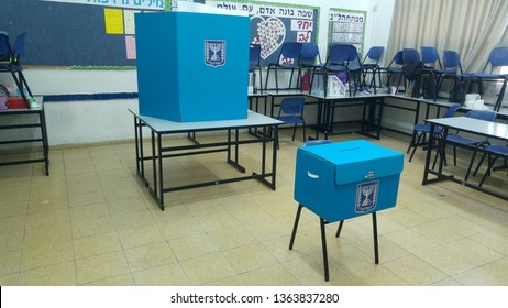 HOLON, ISRAEL. April 9, 2019. Electoral Booth And Electoral Box In A School Class During The Israel National Elections To The Knesset. Israel Parliamentary Elections 2019 