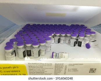 HOLON, ISRAEL. February 13, 2021. 
Pfizer-BioNTech COVID-19 Vaccine bottles in a refrigeration in inoculation center. Israel vaccination concept image, Covid-19 vaccine editorial image.