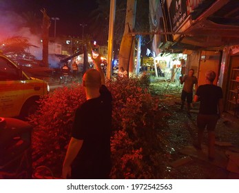 HOLON, ISRAEL. May 11, 2021. The Immediate Aftermath Of The Palestinian Rocket Hitting A Passenger Bus In Central Israel. Emergency Services, Israel Hamas Gaza War Concept Image.