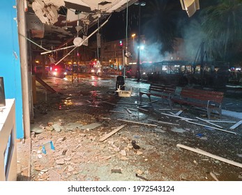 HOLON, ISRAEL. May 11, 2021. The immediate aftermath of the Palestinian rocket hitting a passenger bus in central Israel. Emergency services, Israel Hamas Gaza war concept image.