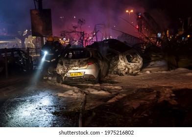 HOLON, ISRAEL. May 11, 2021. The Immediate Aftermath Of The Palestinian Rocket Hitting A Passenger Bus In Central Israel. Emergency Services, Israel Hamas Gaza War Concept Image.