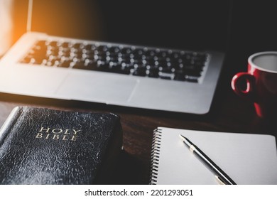 Holy Bible Book With Paper For Education On Black Wooden Background. Christian Catholic With Protestant Worship And Pray In Church. Concept Of Learning About Faith God And Religion, Jesus Spiritual.