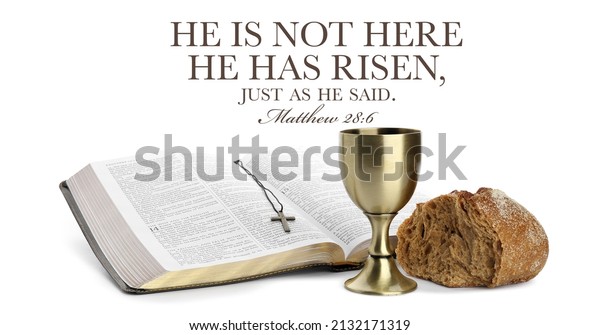 Holy Bible with bread and chalice of wine on\
white background