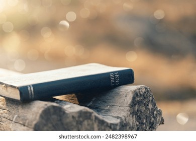  Holy Bible Closeup.Holy Bible on wood with Bokeh Lights Glowing. Sunday readings, Bible education. spirituality and religion concept.Literature And Education.