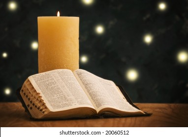 Holy Bible In Front Of Christmas Tree