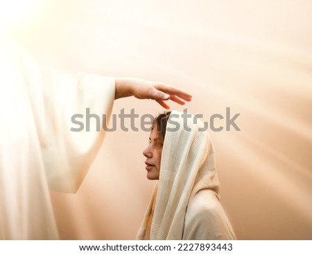Holy bless young saint human virgin mother ask male Lord king hold lie arm above jew lady face cure ill sick old retro white light Arab veil cloth. Close up joy glory biblic gospel vow hope love care