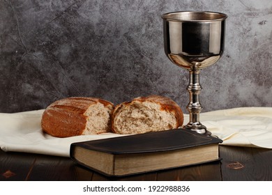 Holy Communion Chalice With Wine And Bread.