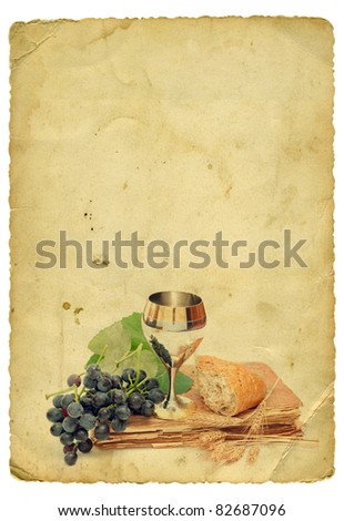 Holy communion elements on old paper background. Isolated on white