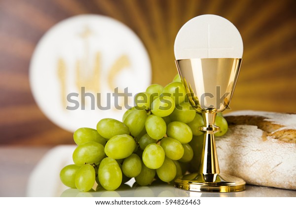 Holy Communion Golden Chalice Grapes Bread Stock Photo 594826463 ...