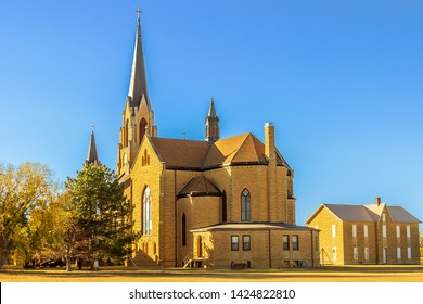 Holy Cross Church And The Old School Building In The Volga German Town Of Pfeifer, Kansas