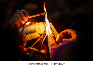 Holy Fire Ceremony from Jerusalem. Pilgrims come to Holy Sepulchre for  (Holy Light) miracle ceremony on Holy Saturday in Jerusalem, Israel.