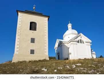 Holy Hill or Svaty Kopecek with Saint Sebastian chapel, view from Mikulov town in Czech Republic