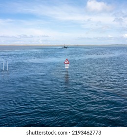 Holy Island Causeway Road Sign And Refuge At High Tide Daytime No People