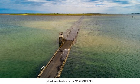 Holy Island Road Access With High Tide. Scotland. Aerial View.