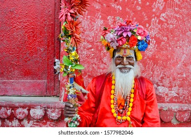 Holy Man Or Indian Monk At Dashashwamedh Ghat In Holy Place In Varanasi India- April 2019
 