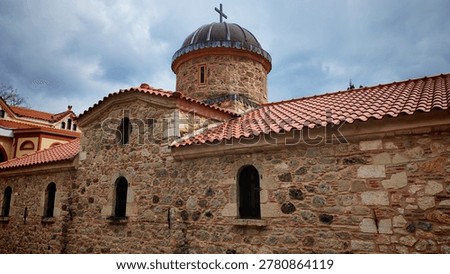 The Holy Monastery of Saint David the Elder in Rovies, Evia island. This historic Orthodox monastery, nestled in a lush green valley, is one of the most revered spiritual centers in Central Greece, known for its Byzantine architecture and the relics or the tomb of the beloved saint. (GR: Ιερά Μονή Οσίου Δαυίδ του Γέροντος στις Ροβιές, Εύβοια, Ελλάδα)