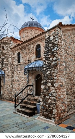 The Holy Monastery of Saint David the Elder in Rovies, Evia island. This historic Orthodox monastery, nestled in a lush green valley, is one of the most revered spiritual centers in Central Greece, known for its Byzantine architecture and the relics or the tomb of the beloved saint. (GR: Ιερά Μονή Οσίου Δαυίδ του Γέροντος στις Ροβιές, Εύβοια, Ελλάδα)