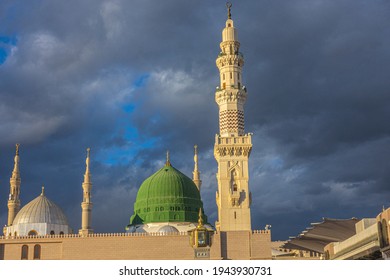 The Holy Prophet's Mosque In Medina With Beautiful Blue Sky On Background.