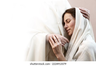 Holy saint bless sacred divin light shine scarf cute young wife lady face ask wish trust king Lord savior care help. bliss forgive soul spirit dream joy thank praise biblic marri grace life father arm