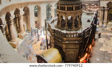 The Holy Sepulchre Church inside from top in Jerusalem timelapse. This is the most sacred place for all Christians in the world. Golgotha, Stone of Anointing, Jesus Grave. Jerusalem, Israel