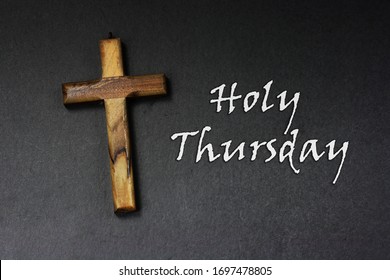 Holy Thursday Wording With Wooden Cross And Dark Background