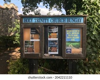 Holy Trinity Church Bungay Suffolk UK. September 15 2021. Abstract And Faded View Of A Church Notice Board Display Located Outside The Ancient Holy Trinity Church At Bungay In Suffolk.